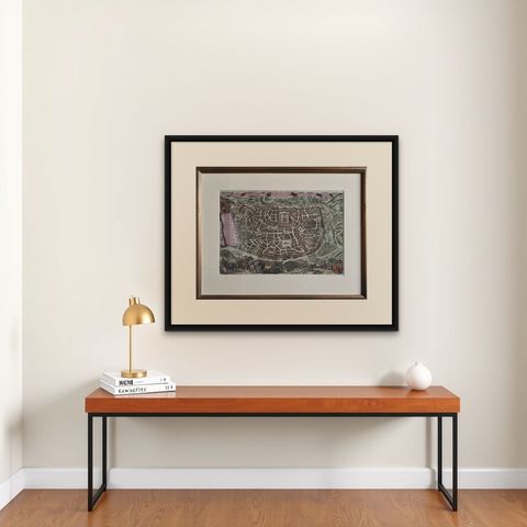 Antique Map of the City of Jerusalem by N. Visscher, 1702, shown framed on a wall, true to size