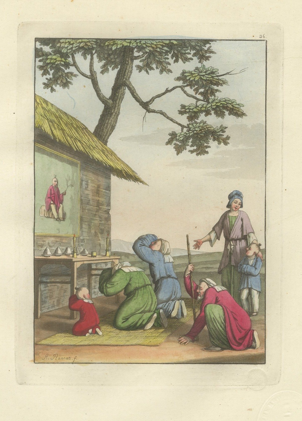 Antique Hand-Colored Print of Worship at a Chinese Shrine, Ferrario, 1815