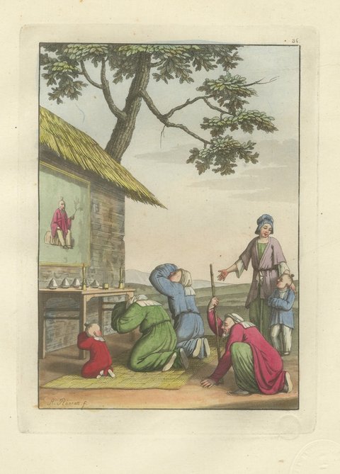 Antique Hand-Colored Print of Worship at a Chinese Shrine, Ferrario, 1815