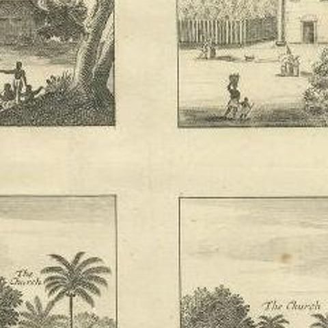 Antique Print of Various Churches on Ceylon by Churchill, 1744, close-up 2