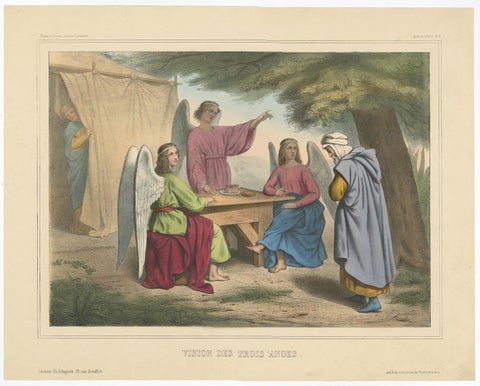 Old Print from the Old Testament the Vision of the Three Angels, ca.1840, view 2
