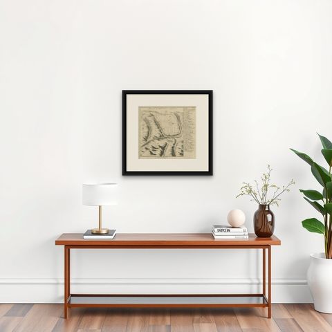 Antique Engraving of a Map or Plan of Jerusalem and Surrounding Mountains, 1773, shown framed on a wall, true to size