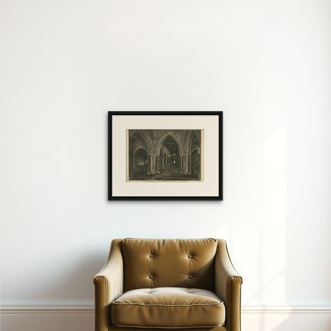 Antique Print with Inside View of Magdalen Chapel, Winchester, Hampshire, 1790, shown framed on a wall, true to size