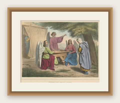 Old Print from the Old Testament the Vision of the Three Angels, ca.1840, shown framed