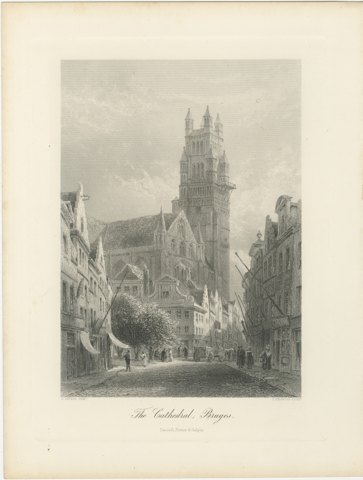 The Cathedral, Bruges, Antique Steel Engraving after E. George, circa 1878, view 2