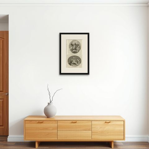 Scarce Engravings of the Ancient of Days of God from the Bible Book of Daniel, shown framed on a wall, true to size