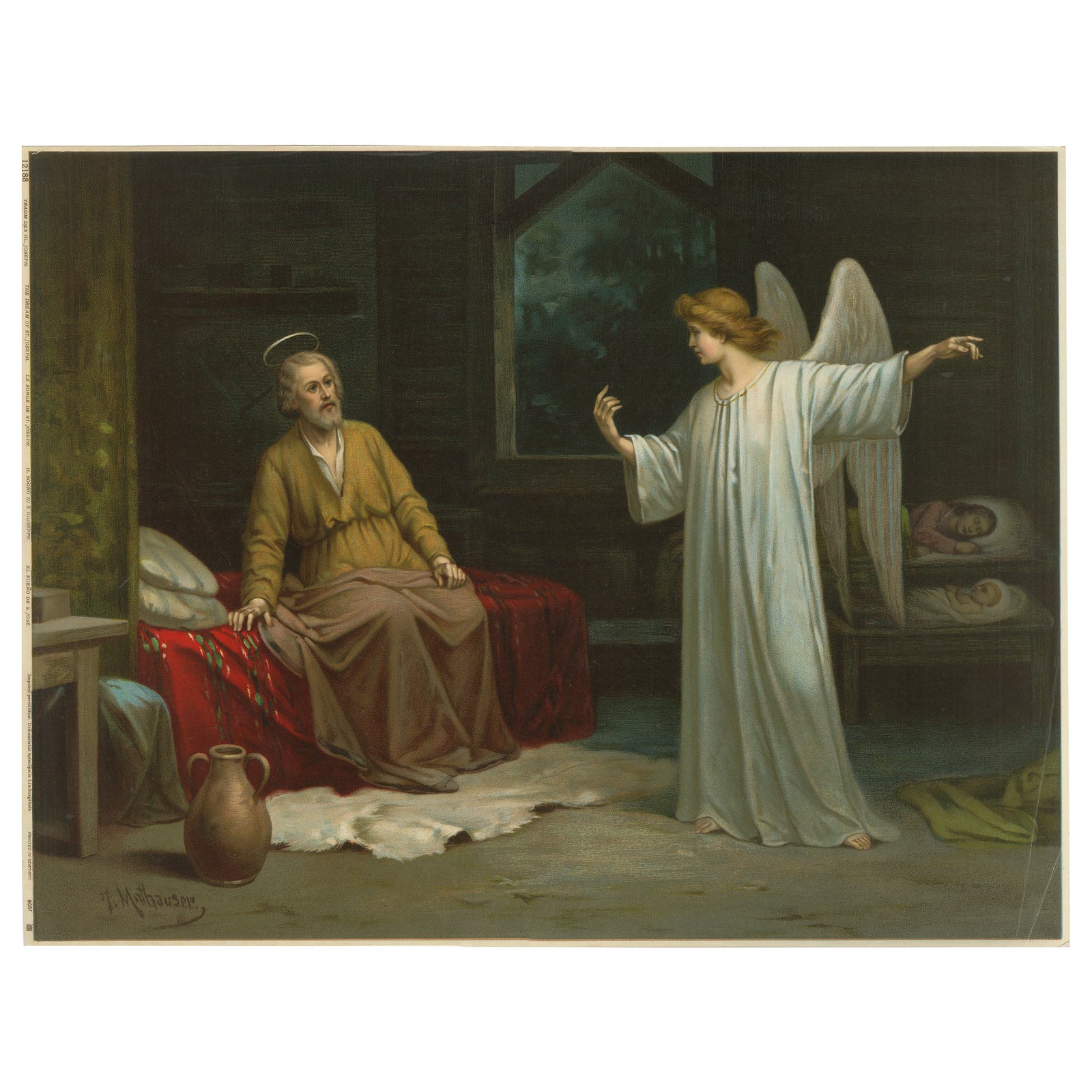 Saint Joseph Visited by an Angel, Antique German Chromolithograph c.1900