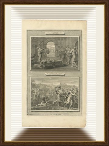 The Levite's Concubine and the Daughters of Shiloh, Mortier Bible circa 1700, shown framed