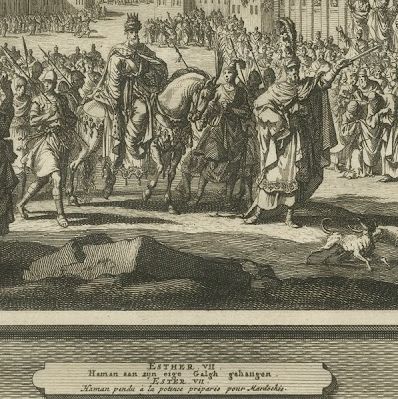 Triumph of Mordecai and Haman Hanged on His Own Gallows, Mortier, circa 1700, close-up 2