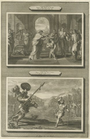 Samuel Anoints David and David Slays Goliath, Mortier Bible circa 1700