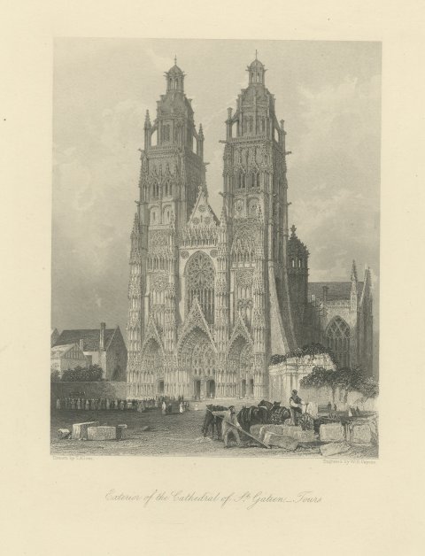 St. Gatien Cathedral, Tours, Antique Steel Engraving after T. Allom, circa 1845