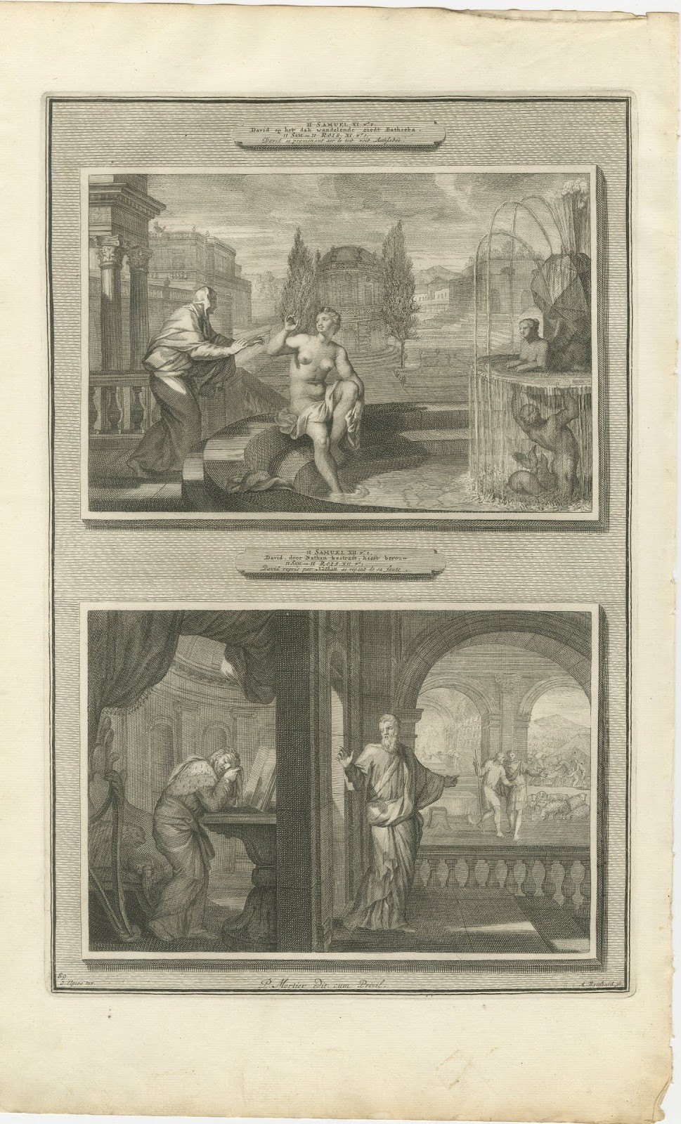 David Sees Bathsheba and Nathan Rebukes David, Pieter Mortier, circa 1700
