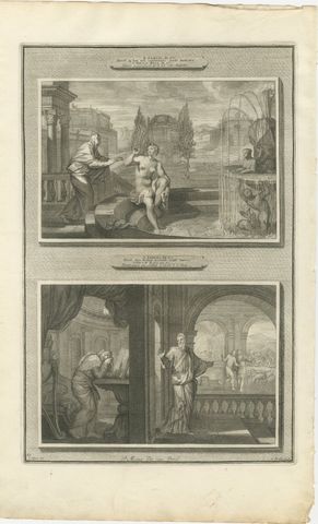 David Sees Bathsheba and Nathan Rebukes David, Pieter Mortier, circa 1700