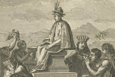 Quetzalcoatl Worship and Hunting Deity, Rare 1734 Engraving of Aztec Rituals, close-up 4