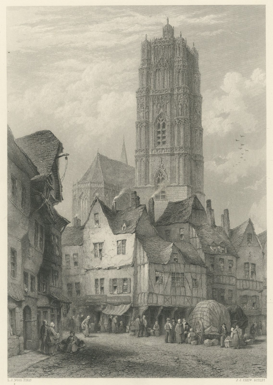 Cathedral at Rodez, France after L.J. Wood, Antique Steel Engraving, circa 1878