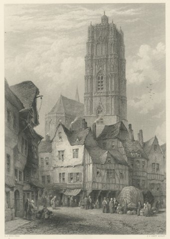 Cathedral at Rodez, France after L.J. Wood, Antique Steel Engraving, circa 1878