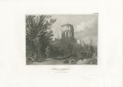 Ruins at Samaria, Palestine, Antique View with Hunter and Agaves, circa 1850, view 2