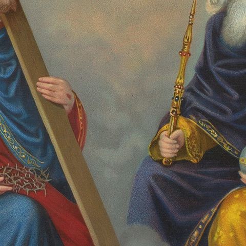 Holy Trinity Enthroned in Heaven, Antique German Chromolithograph c.1900, close-up 5