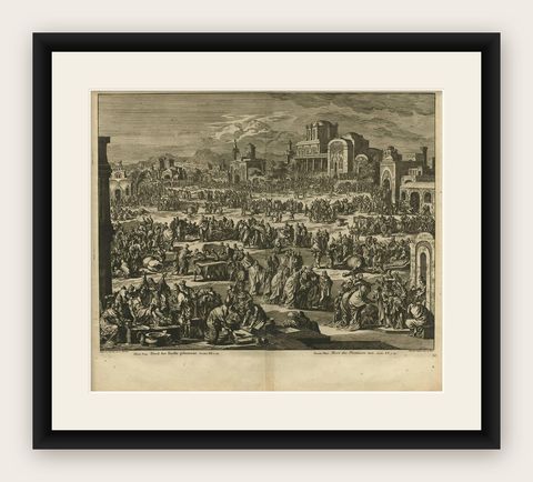 Antique Bible Print Tenth Plague of Egypt by J. Luyken, 1743, shown framed