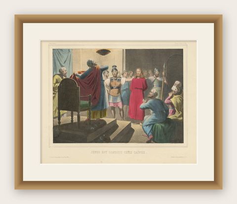 Antique Religious Print 'No. 29' Jesus before Caiaphas, circa 1840, shown framed