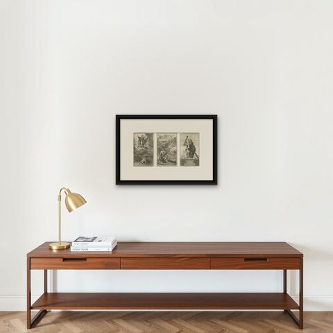 Biblical Engravings, Vision of Candlesticks, Apostle Jude & Judgment of Angels, shown framed on a wall, true to size