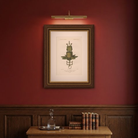 Flemish Votive Lamp, Fifteenth Century, Antique Print, 1851, shown framed on a wall, true to size