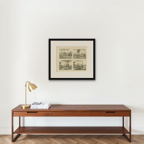 Original Antique Engravings of Various Churches on Ceylon 'Sri Lanka', 1732, shown framed on a wall, true to size
