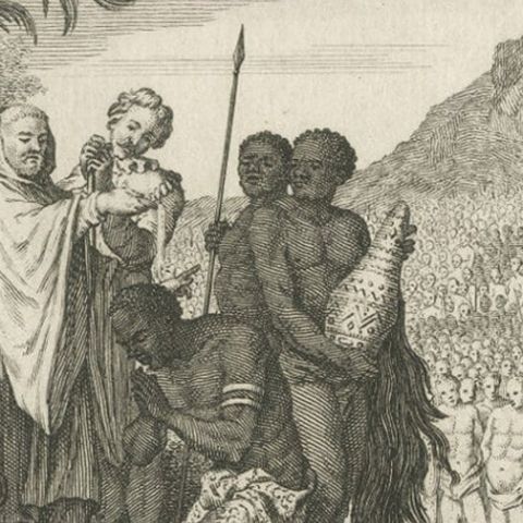 Antique Print of the Baptism of the King of Congo in Africa, 1747, close-up 3