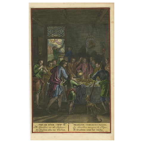 Israelites at the Paschal Meal, Hand-Coloured Bible Engraving, 18th Century