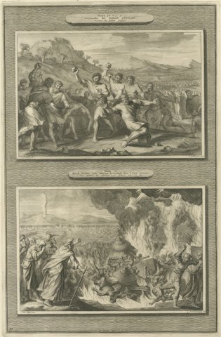 Sabbath Breaker Stoned and Korah, Dathan and Abiram, Mortier circa 1700