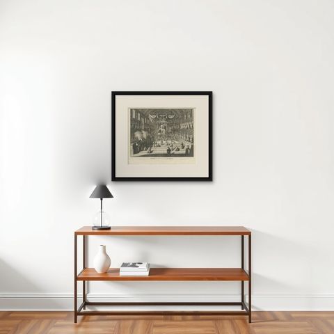 Antique Print of a Temple in Japan with Religious Idols by B. Picart, 1726, shown framed on a wall, true to size