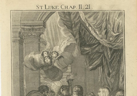 Old Biblical Engravings, Luke: Simon, Simeon’s Prophecy & Circumcision, c.1735, close-up 3