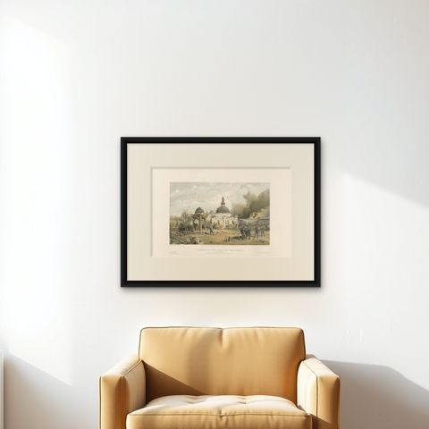 Antique Print of a Church 'Crimean War' by W. Simpson, 1855, shown framed on a wall, true to size