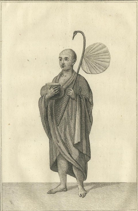 Burmese Monk in His Religious Robe, Antique Costume Print, circa 1800, close-up 2