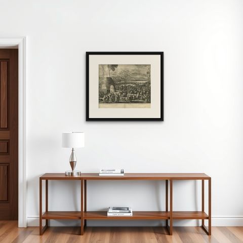 Antique Bible Print the Fiery Furnace by J. Luyken, 1743, shown framed on a wall, true to size