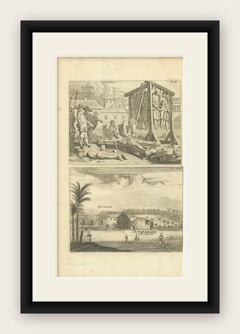 Antique Print of Punishment and the Church of Telipole Ceylon, Sri Lanka, shown framed