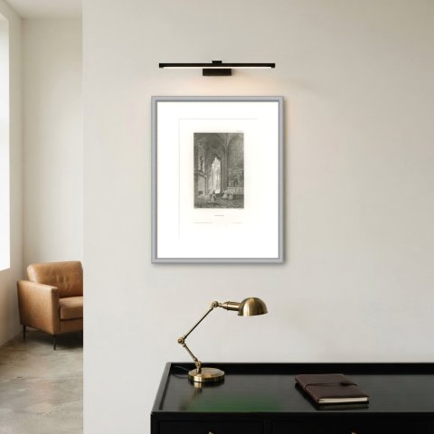 Antique Interior View of Batalha Monastery, Portugal, Engraving, circa 1850, shown framed on a wall, true to size