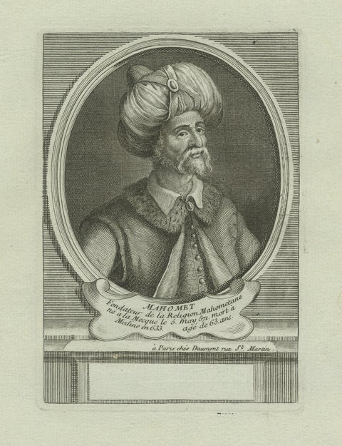 Prophet Muhammad (Mahomet), 18th Century Paris Engraving by Daumont, c.1770, close-up 1