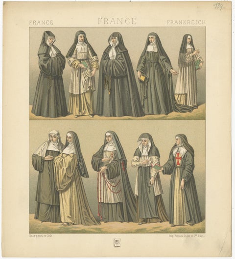 Pl. 139 Antique Print of French Nuns by Racinet, 'circa 1880', view 4