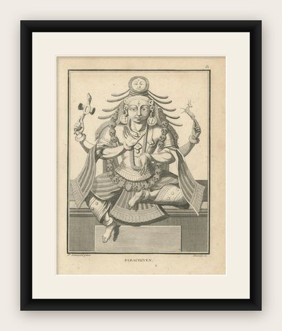 1806 Engraving: Parachiven's Fierce Divinity in Hindu Mythology, shown framed