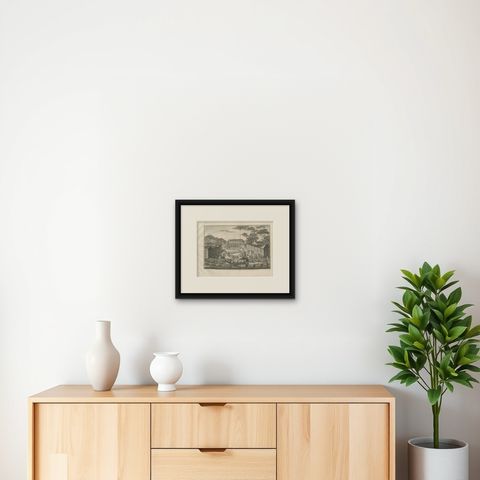 Nagasaki Japan Procession, Antique Engraving, 1812, shown framed on a wall, true to size