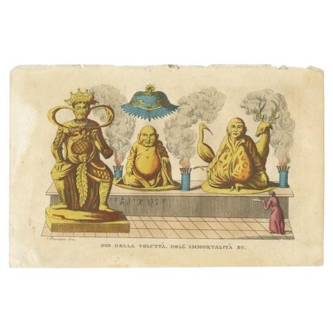 Antique Hand-Colored Print of Statues of Chinese Deities in China, 1823, view 2
