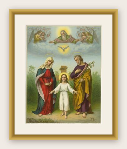 Holy Family with God the Father, Antique German Chromolithograph, 1900, shown framed