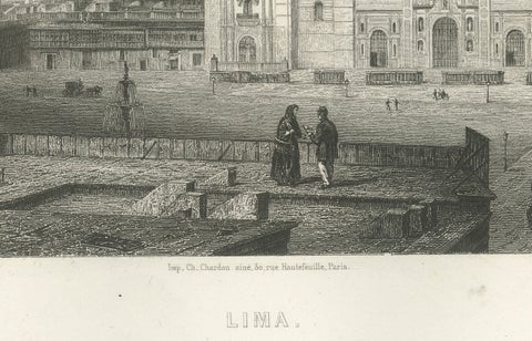Rare Antique Engraving, Lima, Peru with Cathedral and Plaza Mayor, 1867, close-up 1