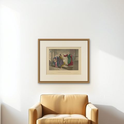 Antique Religious Print 'No. 7' Presentation of Jesus at the Temple, circa 1840, shown framed on a wall, true to size