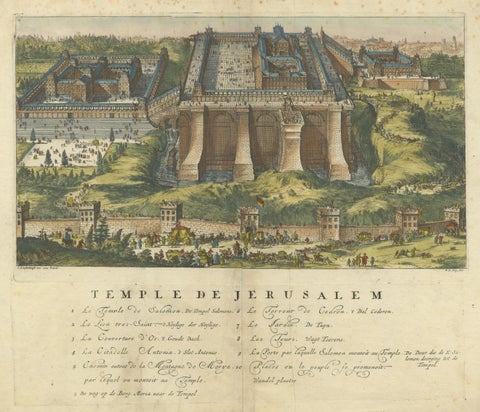 Jerusalem Engraved Handcolored Old Print of Solomon's Temple by De Hooghe, 1715, view 3