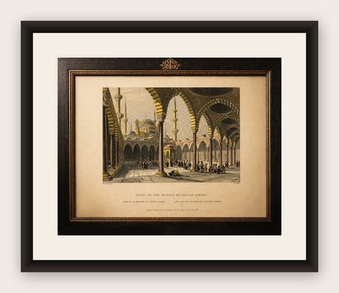 Antique Print, Blue Mosque Interior, Istanbul Ottoman Courtyard, ca. 1839, shown framed
