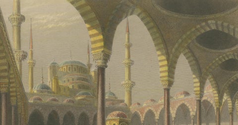 Antique Print, Blue Mosque Interior, Istanbul Ottoman Courtyard, ca. 1839, close-up 6