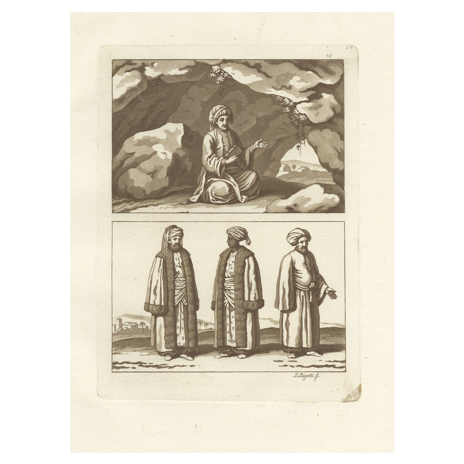 Old Original Engraving Showing an Arabian Men and a Muslim Imam, 1827