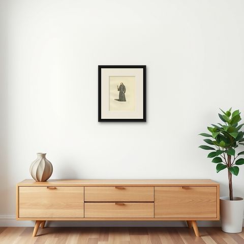 Antique Print of a Franciscan Monk by Bonnard, '1860', shown framed on a wall, true to size